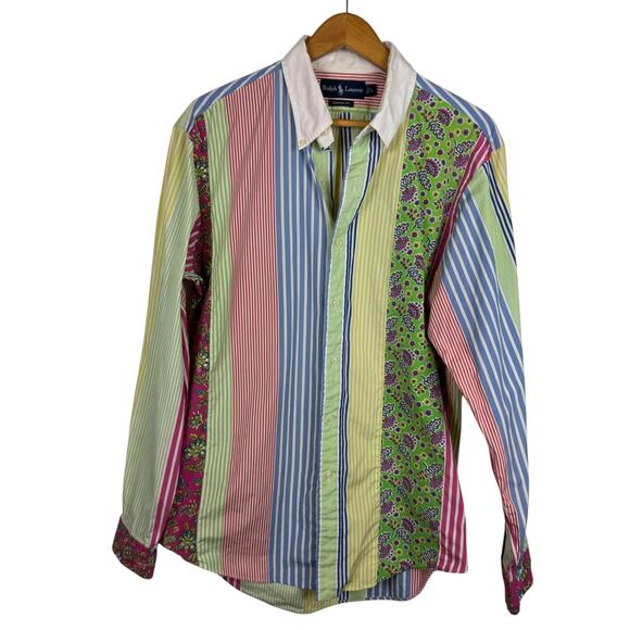 Ralph Lauren Mens VTG Patchwork Rainbow Colorblock Custom Fit Button Up Sz L - Picture 1 of 12
